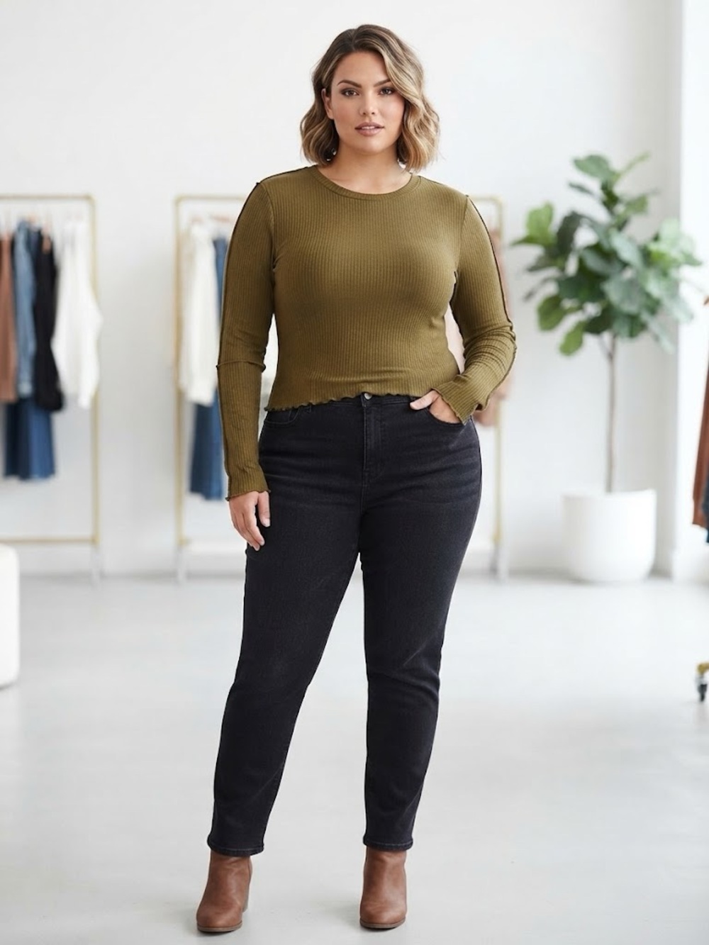 Women's Olive Ribbed Long-Sleeve Crewneck Sweater